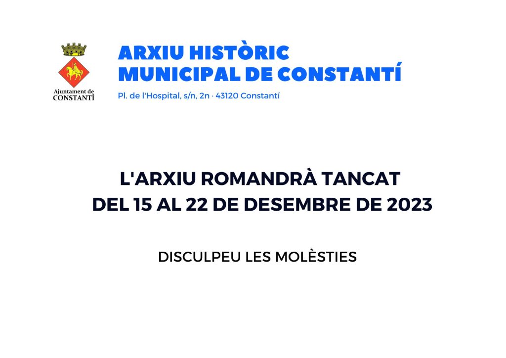 L'Arxiu Municipal romandrà tancat del 15 al 22 de desembre de 2023